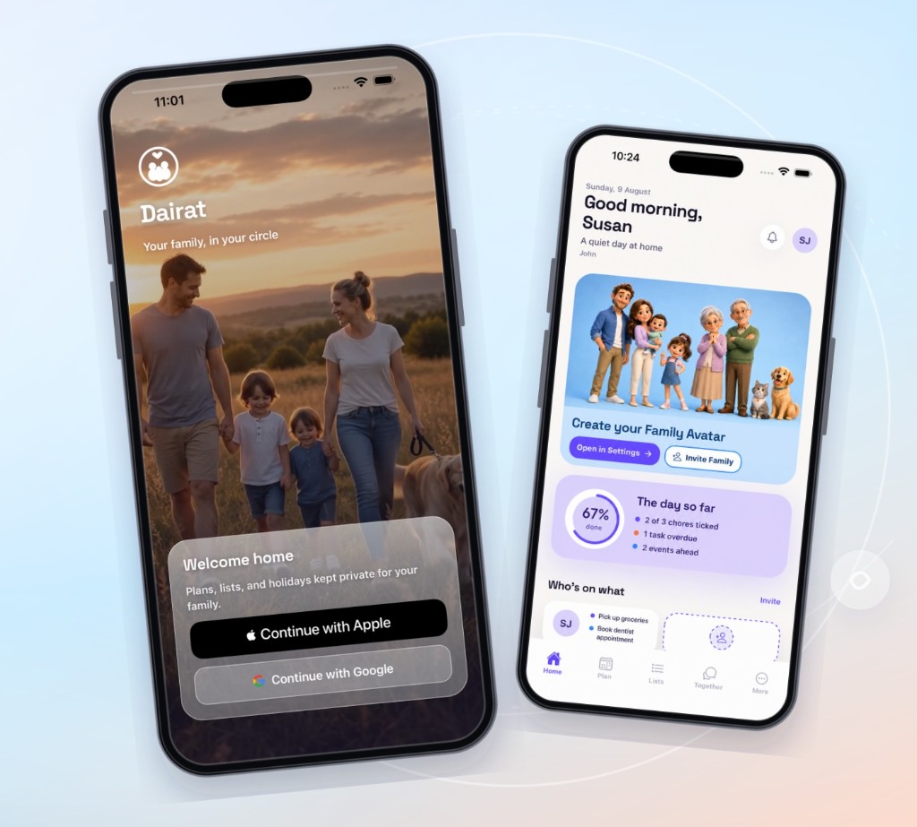 Dairat welcome and home screens: sign in, family avatars, and a shared day overview