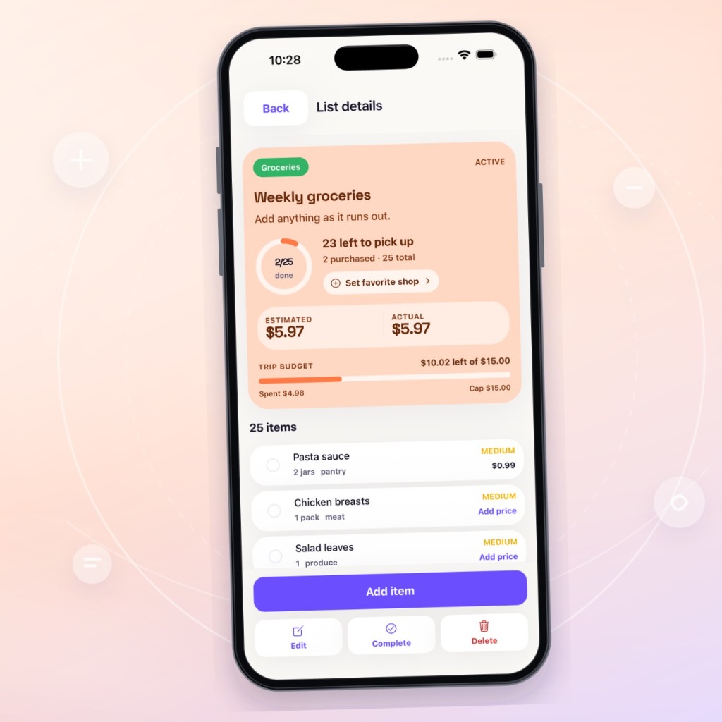 Dairat grocery list with trip progress, estimated spend, and a shared budget