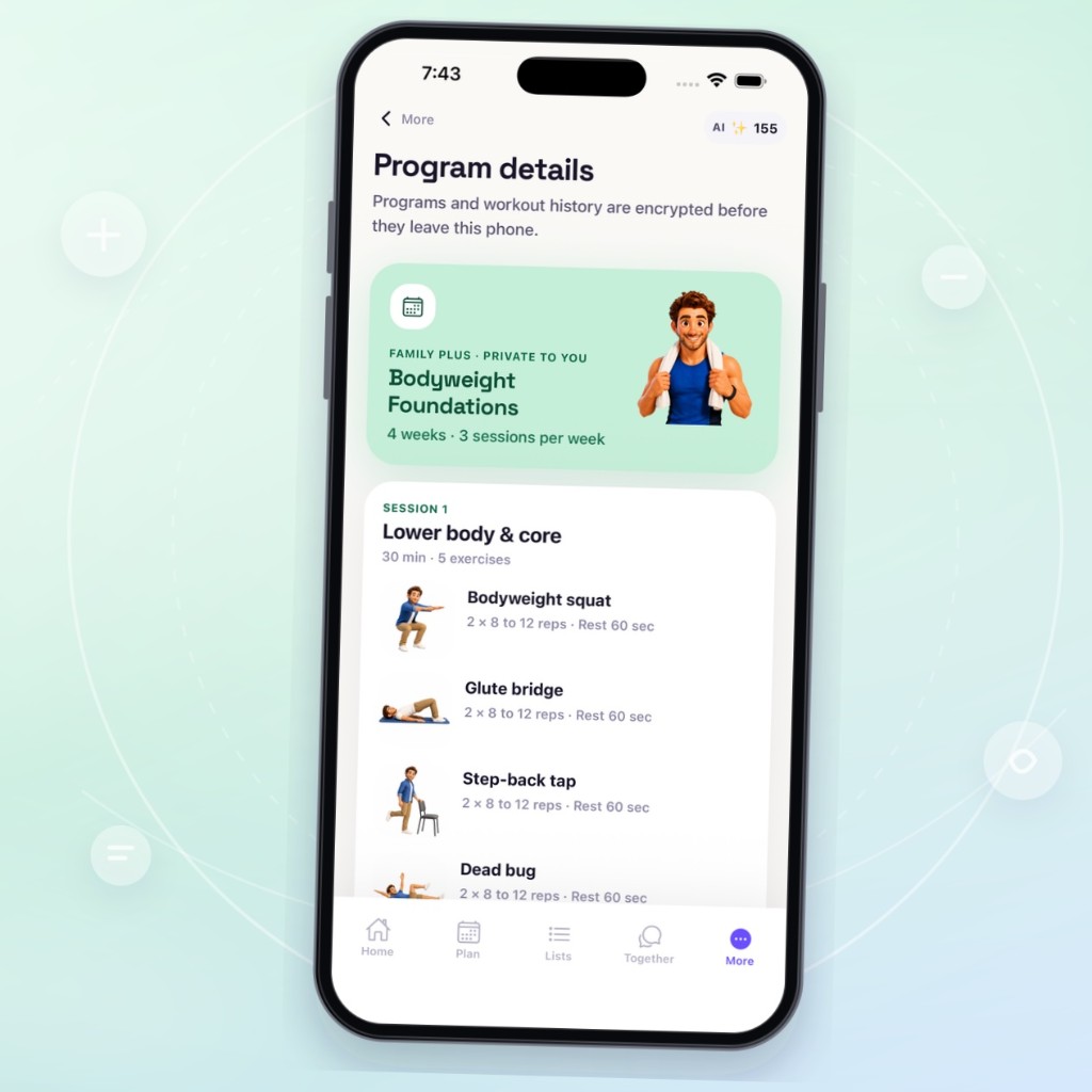 Dairat family fitness program with private encrypted workout history